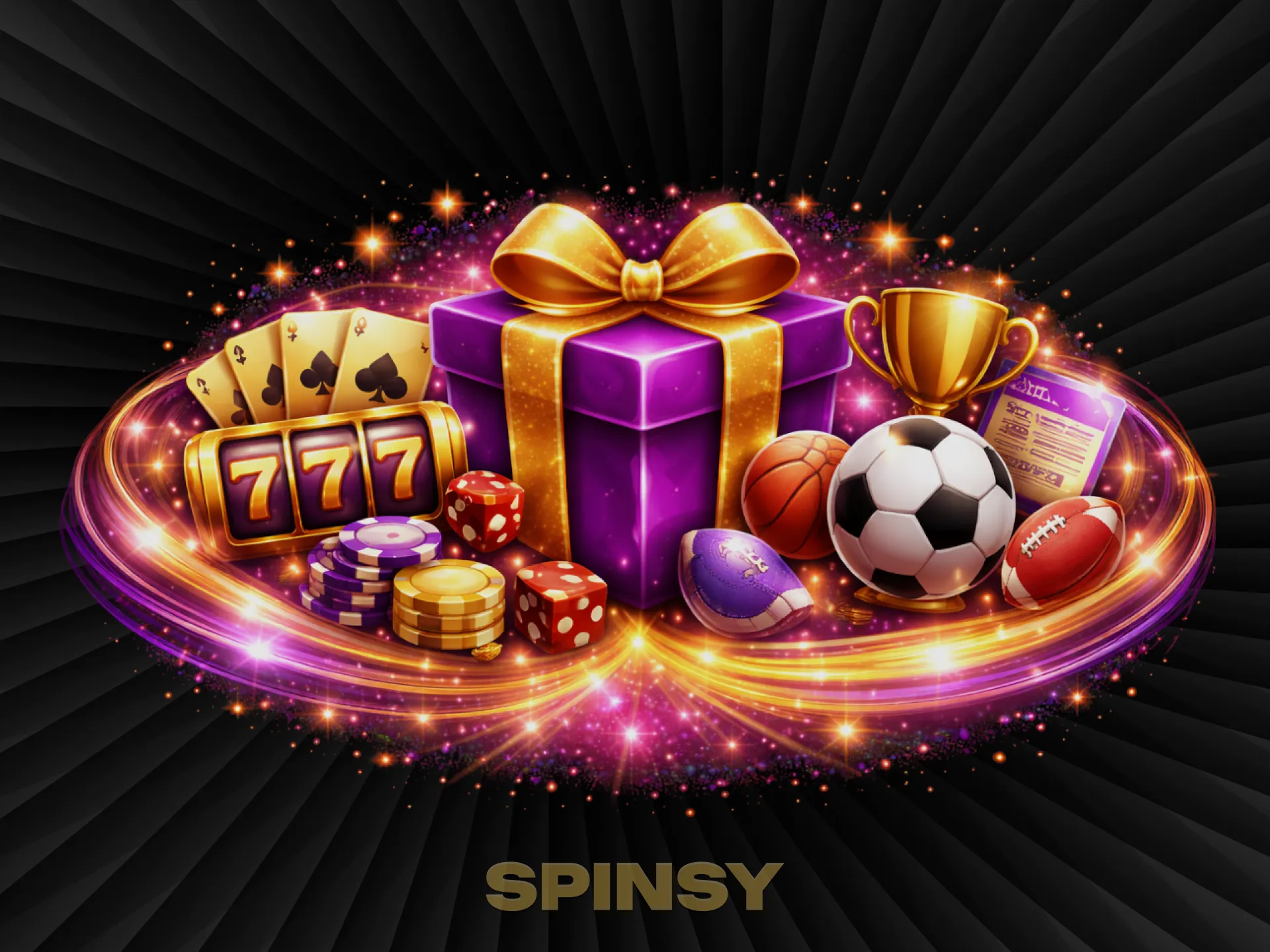 Un cadeau violet orné d'un ruban doré, une machine à sous, des cartes et des ballons de sport brillent dans un tourbillon d'étincelles roses.