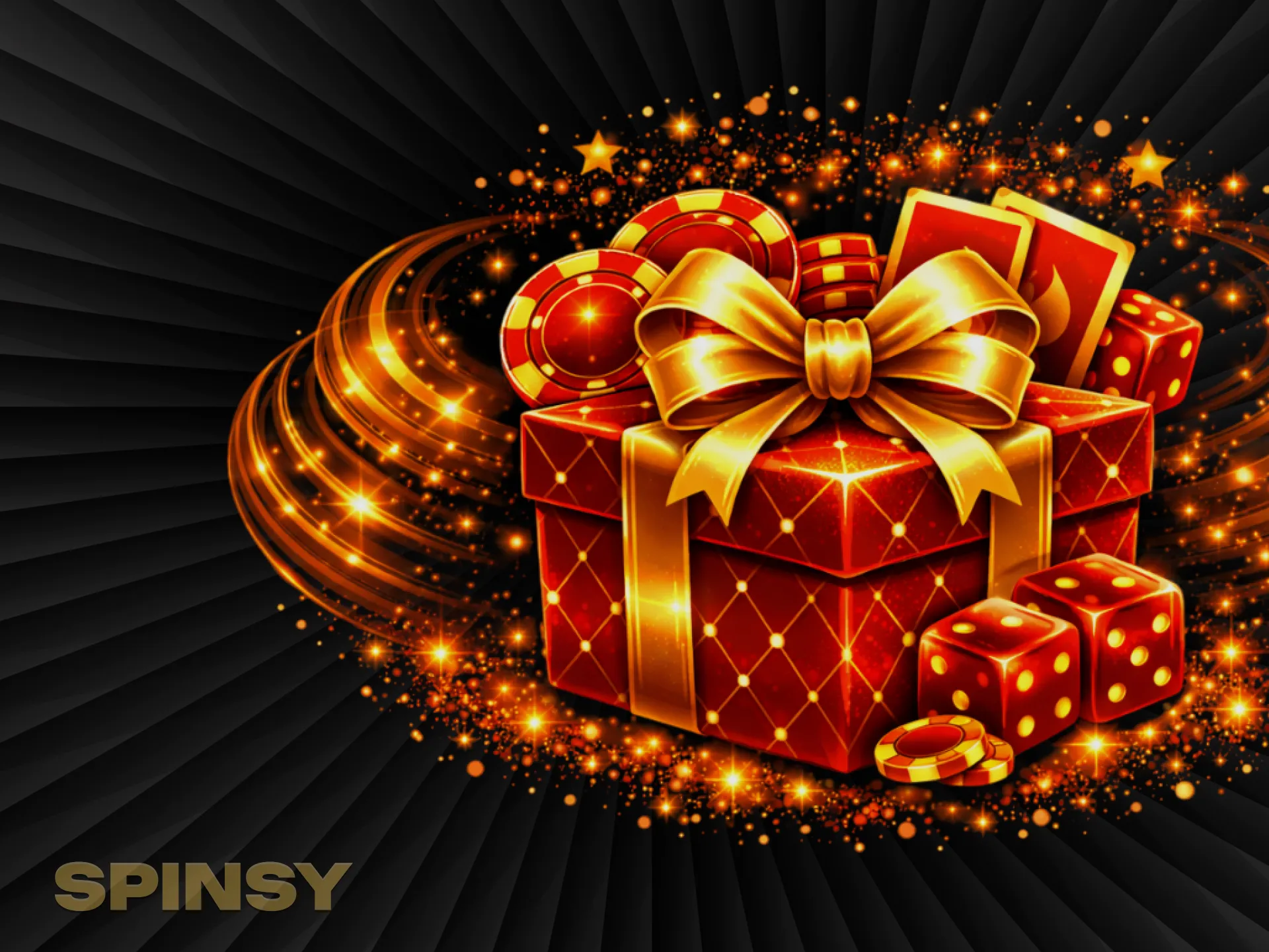 Une boîte cadeau rouge ornée d'un ruban doré, contenant des dés, des jetons et des cartes, brille dans un tourbillon de feu.