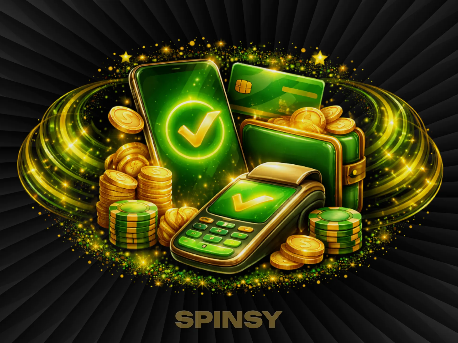 Un smartphone et un terminal de paiement aux coches vertes, des piles de pièces d'or et des cartes bancaires brillent dans un tourbillon émeraude.