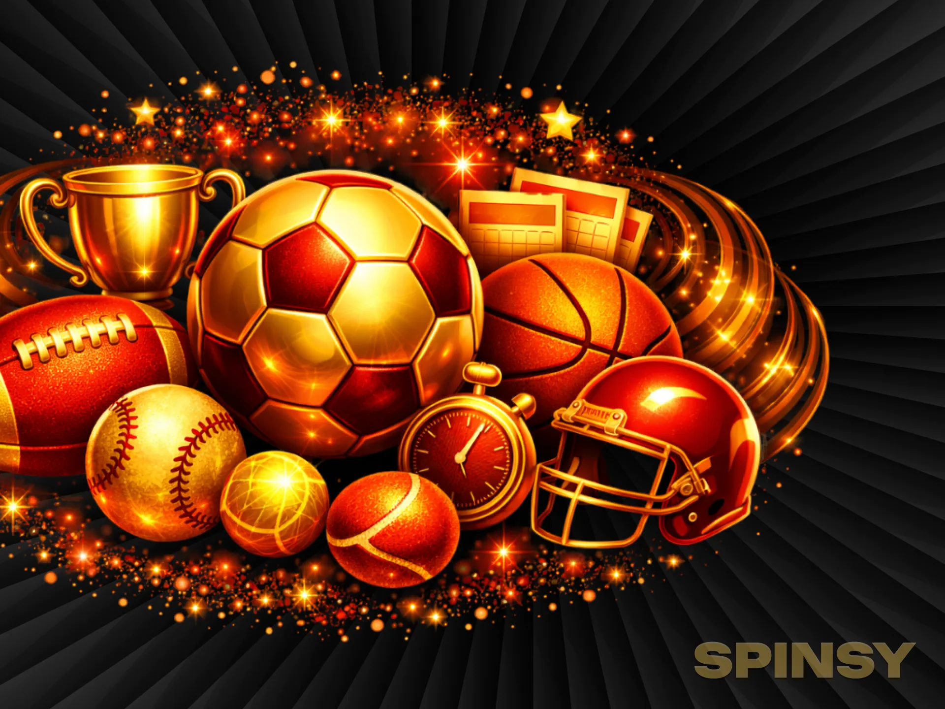 Divers ballons de sport, un trophée doré, un casque et un chronomètre brillent dans un tourbillon d'étincelles.