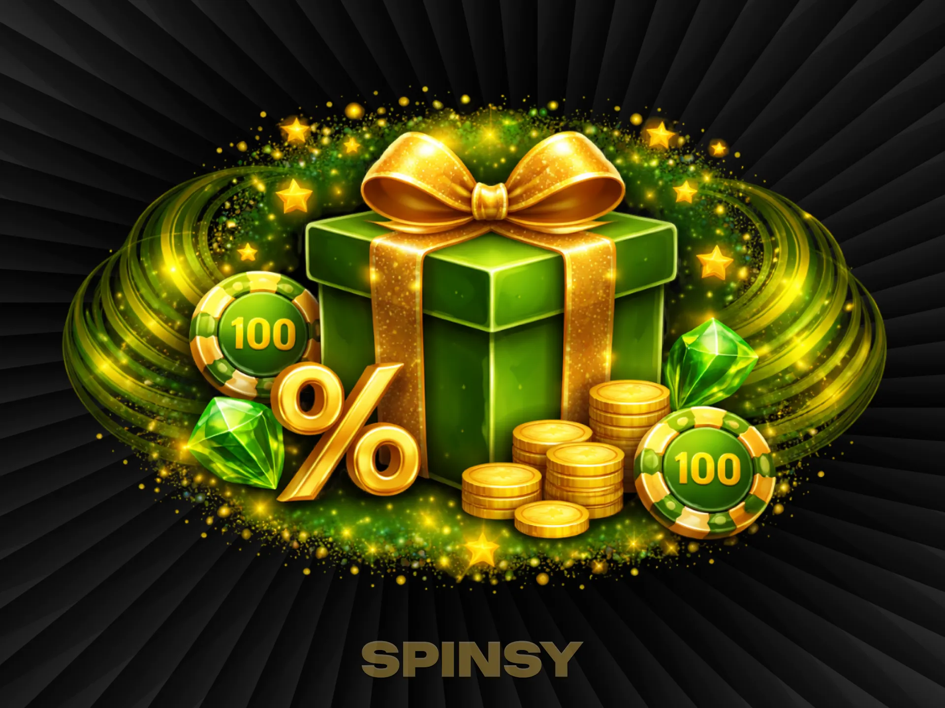 Une boîte cadeau verte ornée d'un ruban doré, de pièces de monnaie, de jetons et d'un symbole de pourcentage qui brillent dans un tourbillon émeraude.
