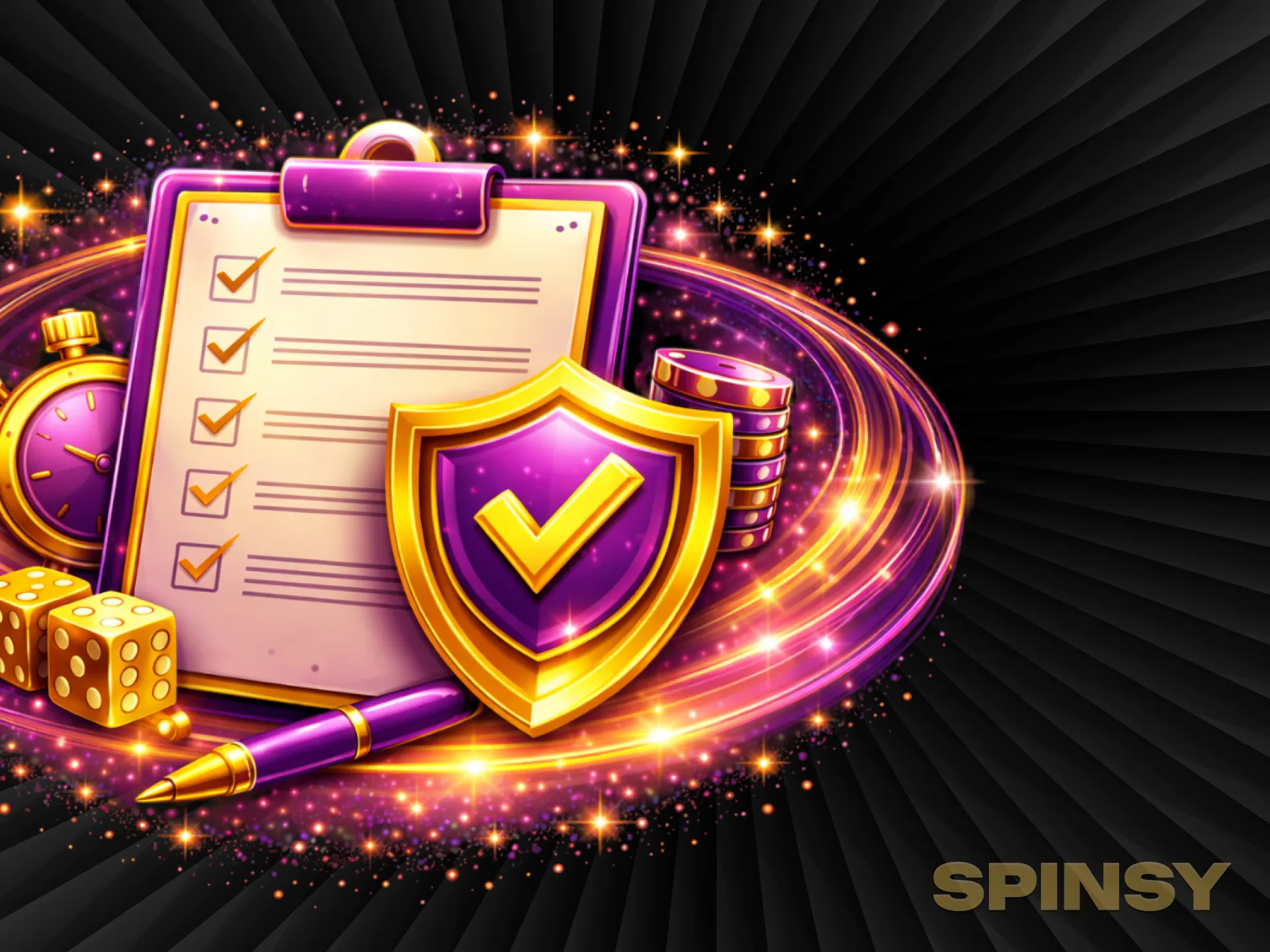 Une tablette avec une liste de choses à faire, un bouclier violet avec une coche, un stylo et des dés brillent dans un tourbillon de néon.
