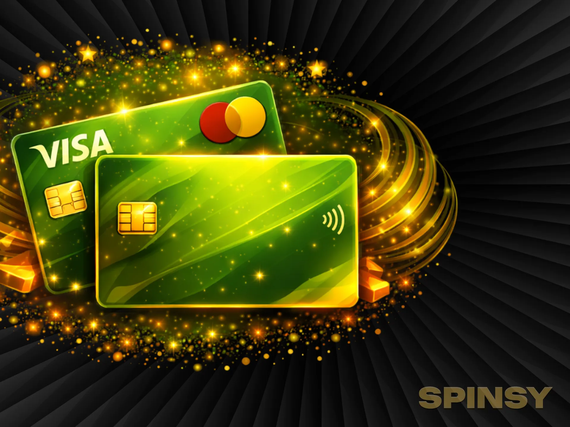 Les cartes bancaires vertes brillent dans un tourbillon d'étincelles bleues.