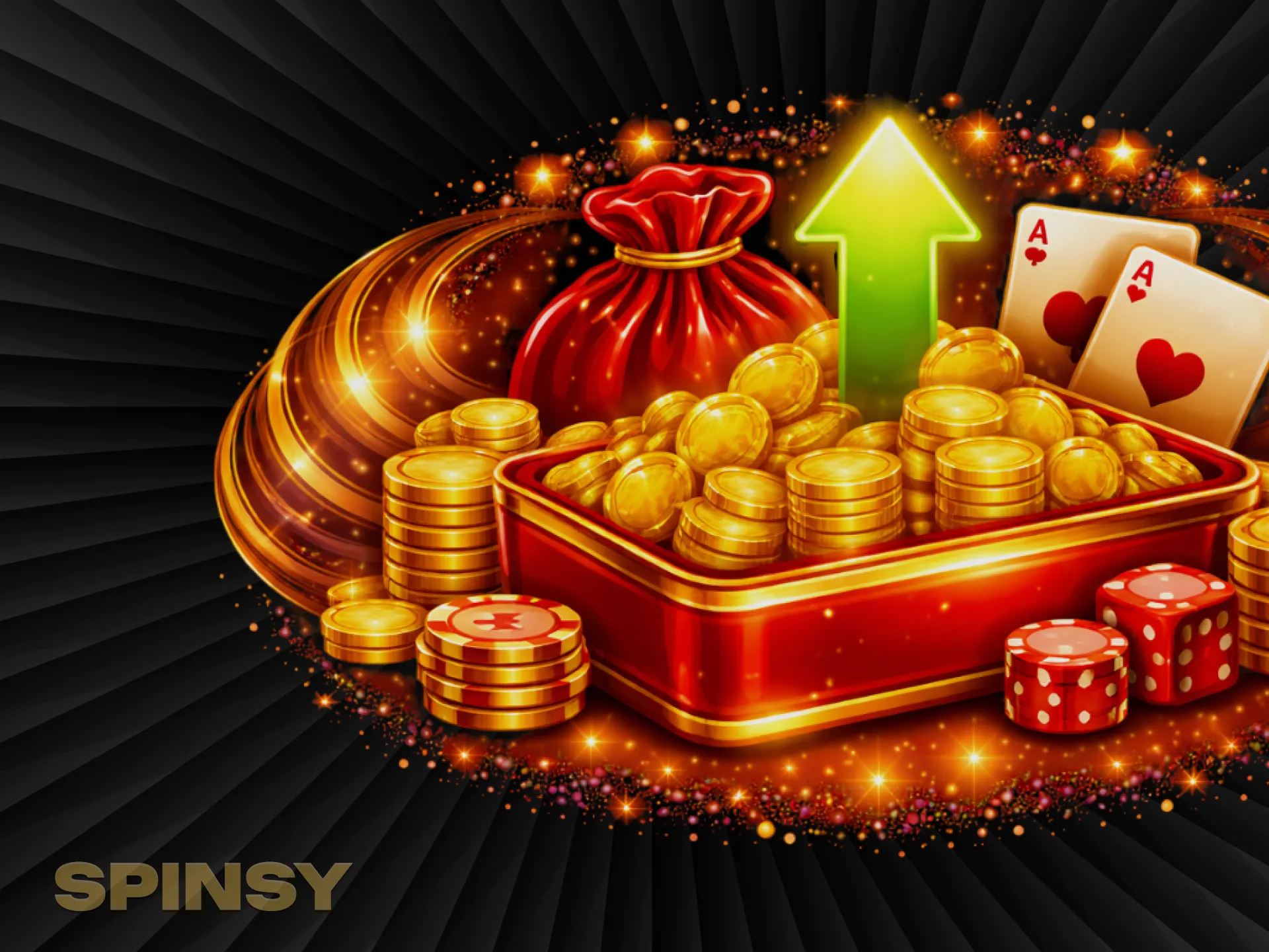 La boîte contenant les pièces d'or, le sac, les cartes et les dés brillent sous la flèche verte pointant vers le haut.