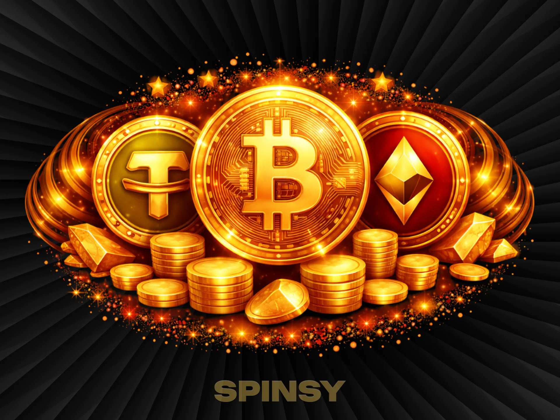 Les pièces d'or Bitcoin (BTC) et Ethereum (ETH) brillent d'une lumière orange éclatante.