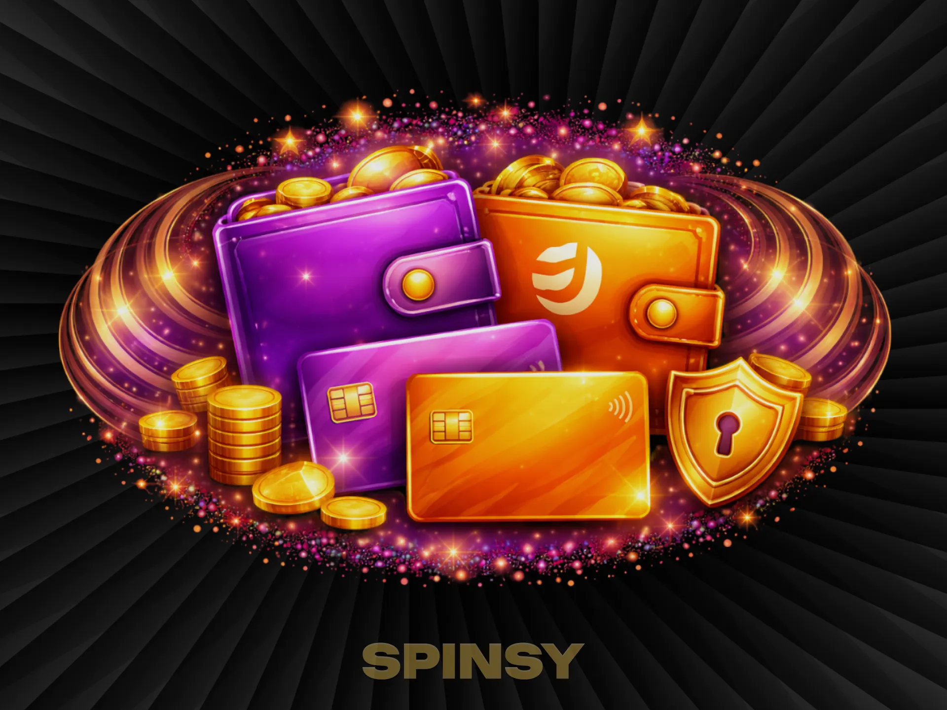 Un portefeuille en cuir rempli de pièces d'or et de cartes bancaires brille dans un tourbillon émeraude.