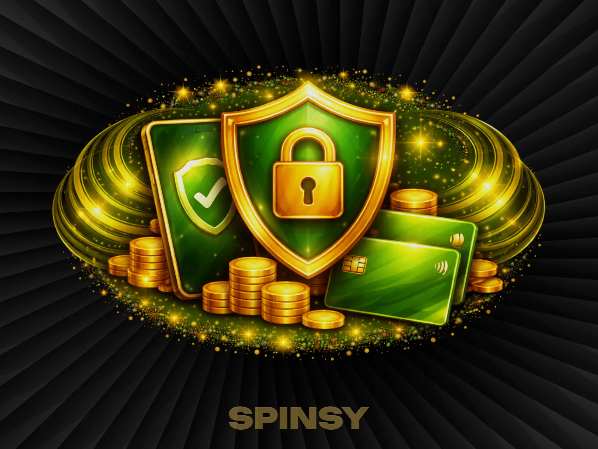Un cadenas doré, un bouclier protecteur orné d'une coche et une carte bancaire brillent au centre d'un vortex doré.