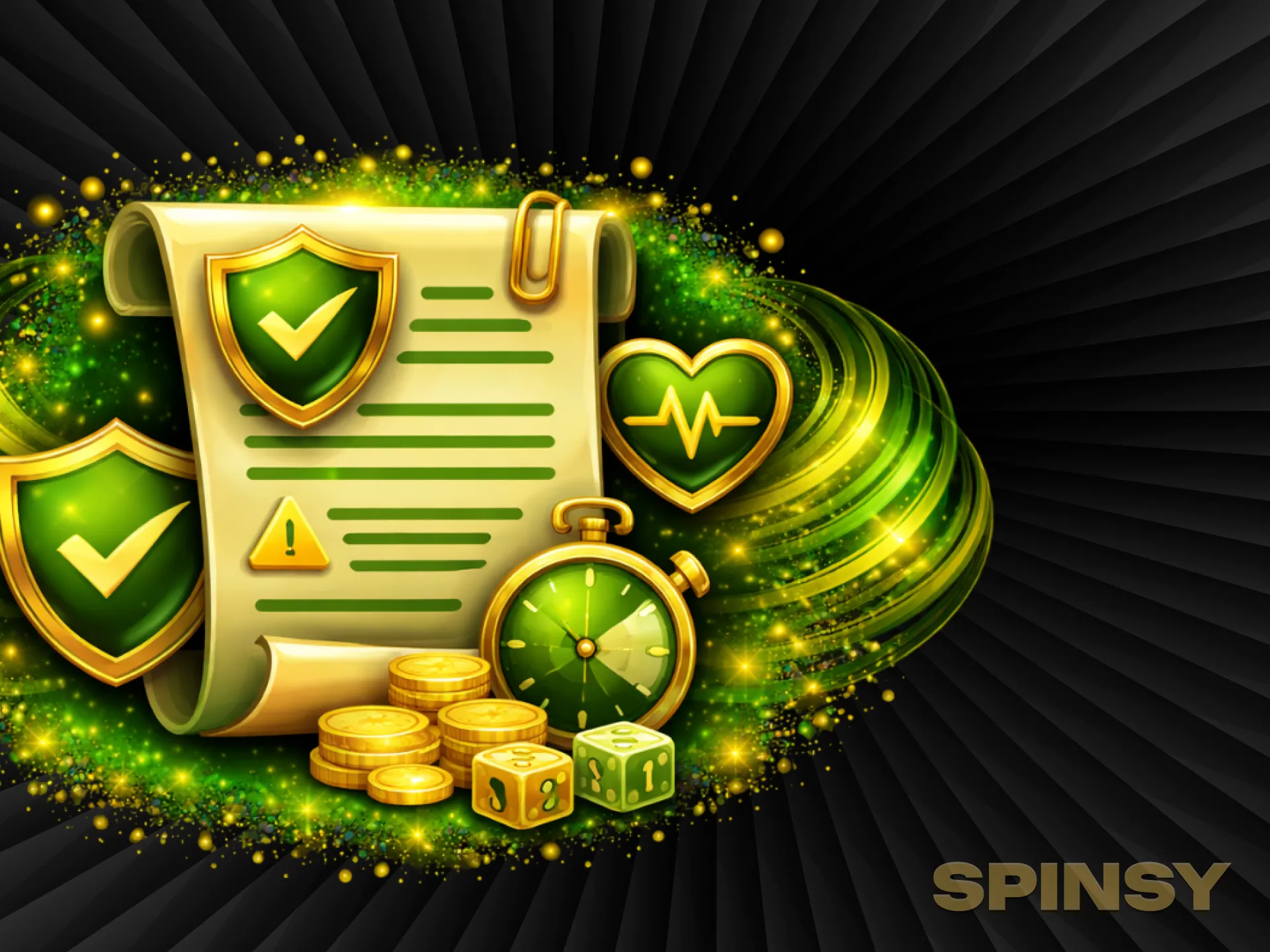 Un parchemin lumineux orné de boucliers protecteurs, un chronomètre, un cœur et des pièces d'or flottent dans un vortex vert.