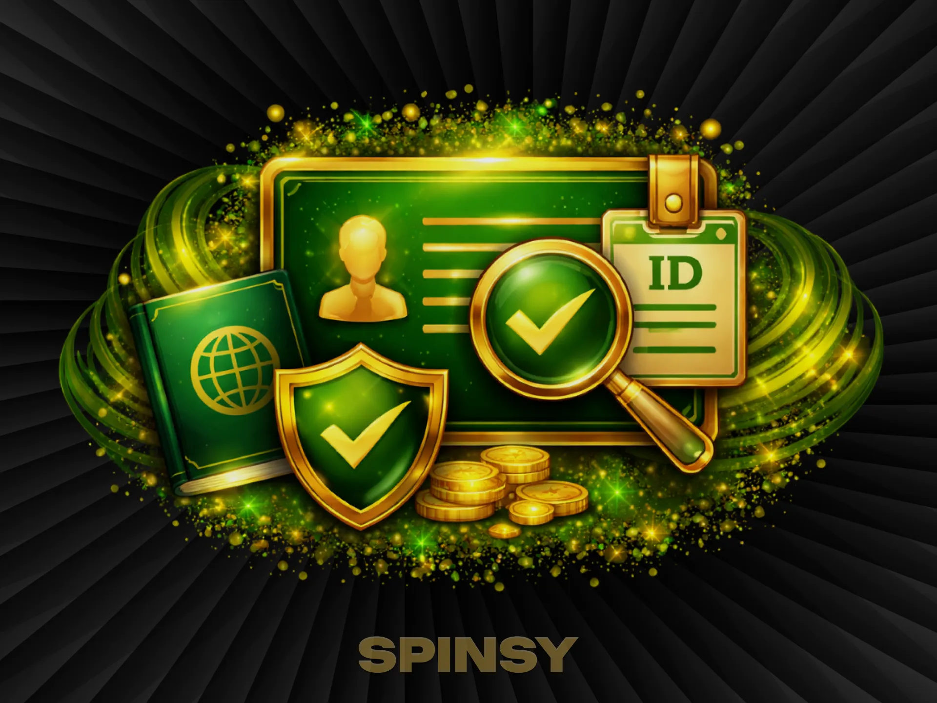 Des documents verts, un passeport, une carte d'identité avec une loupe et un bouclier protecteur brillent dans les étincelles.