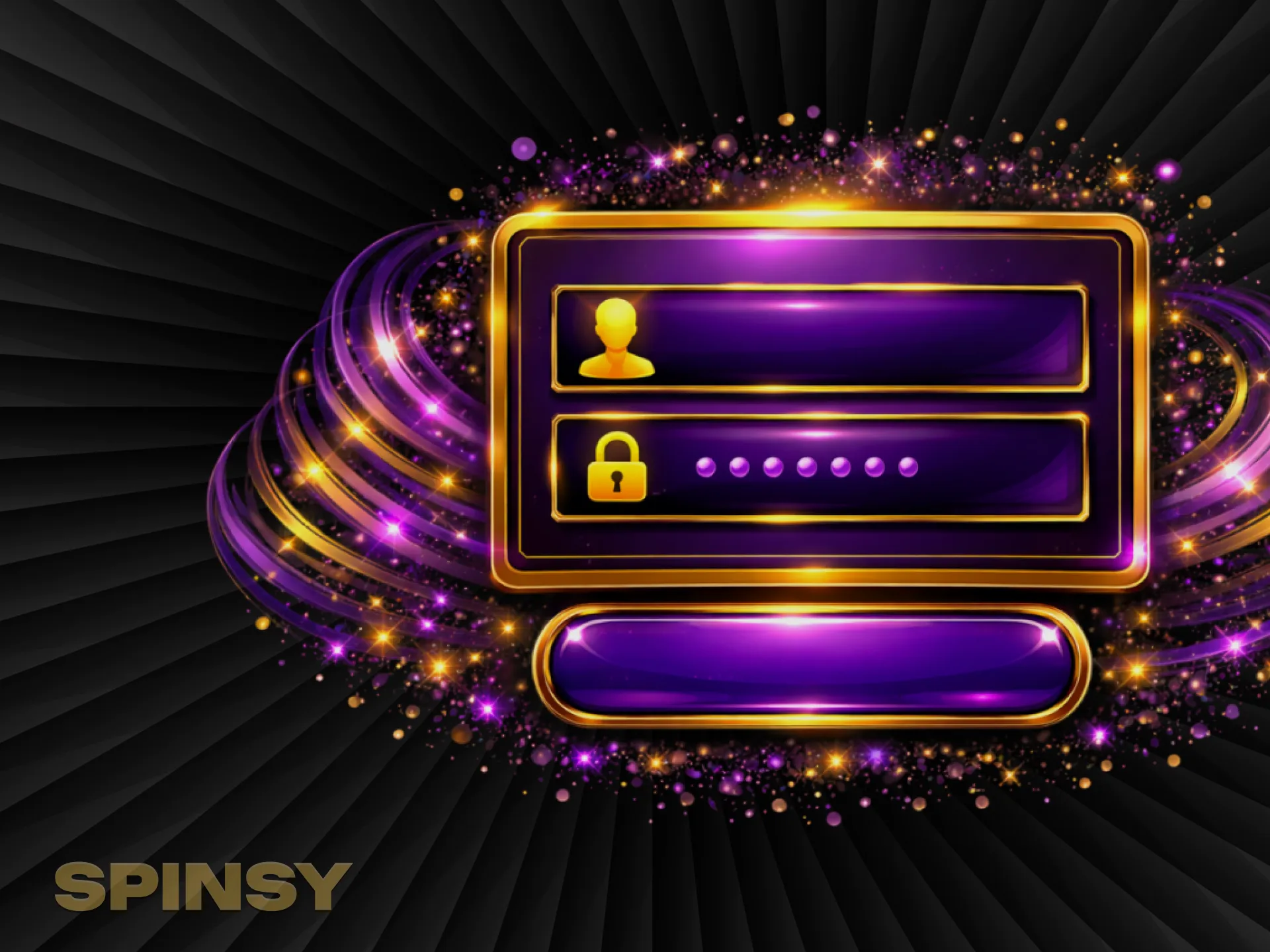 Le formulaire de connexion violet, avec les champs nom d'utilisateur et mot de passe, brille au milieu d'anneaux néon et d'étincelles.