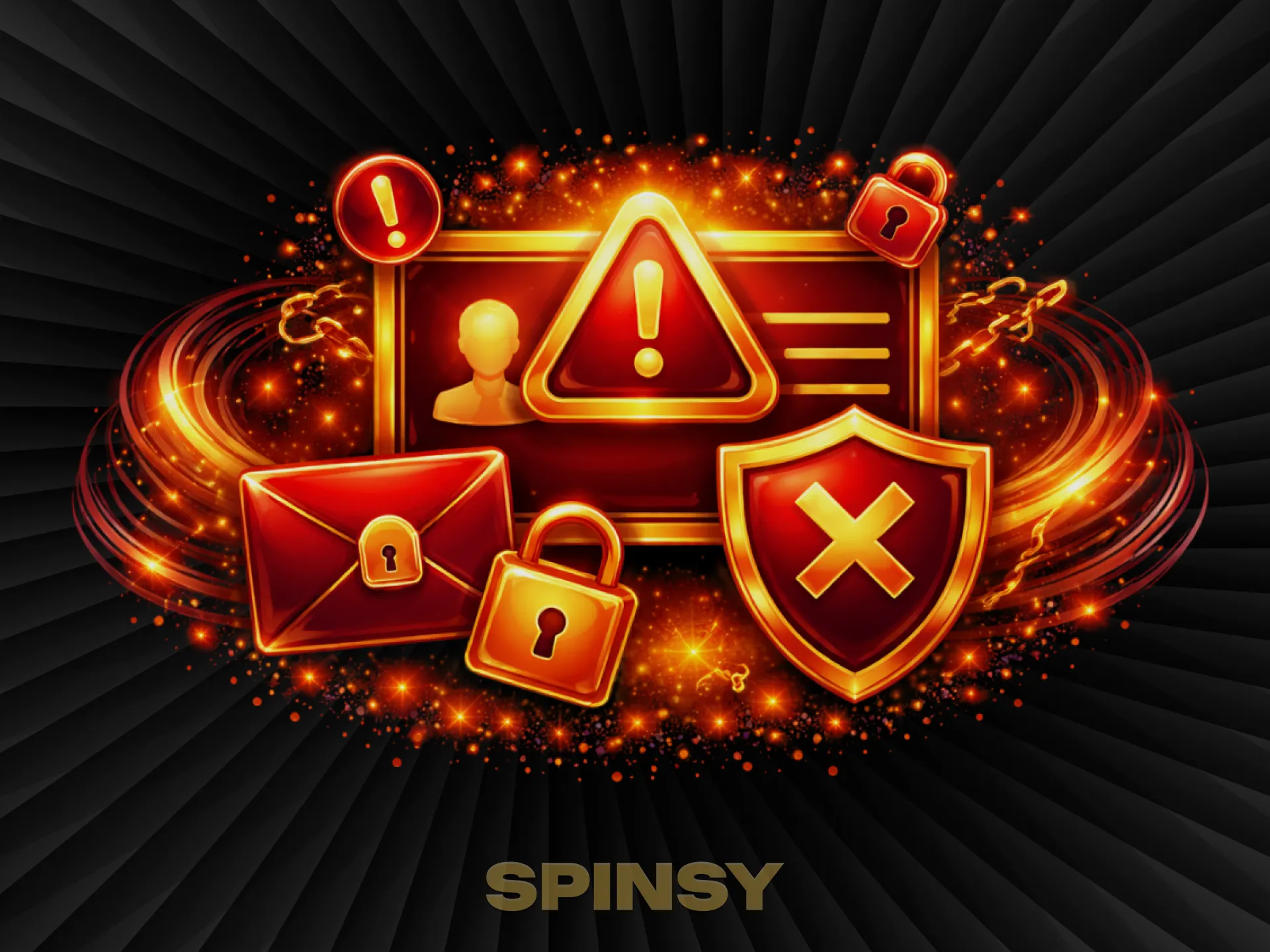 Des points d'exclamation rouges, des châteaux et un bouclier orné d'une croix brillent dans une lumière dorée inquiétante.