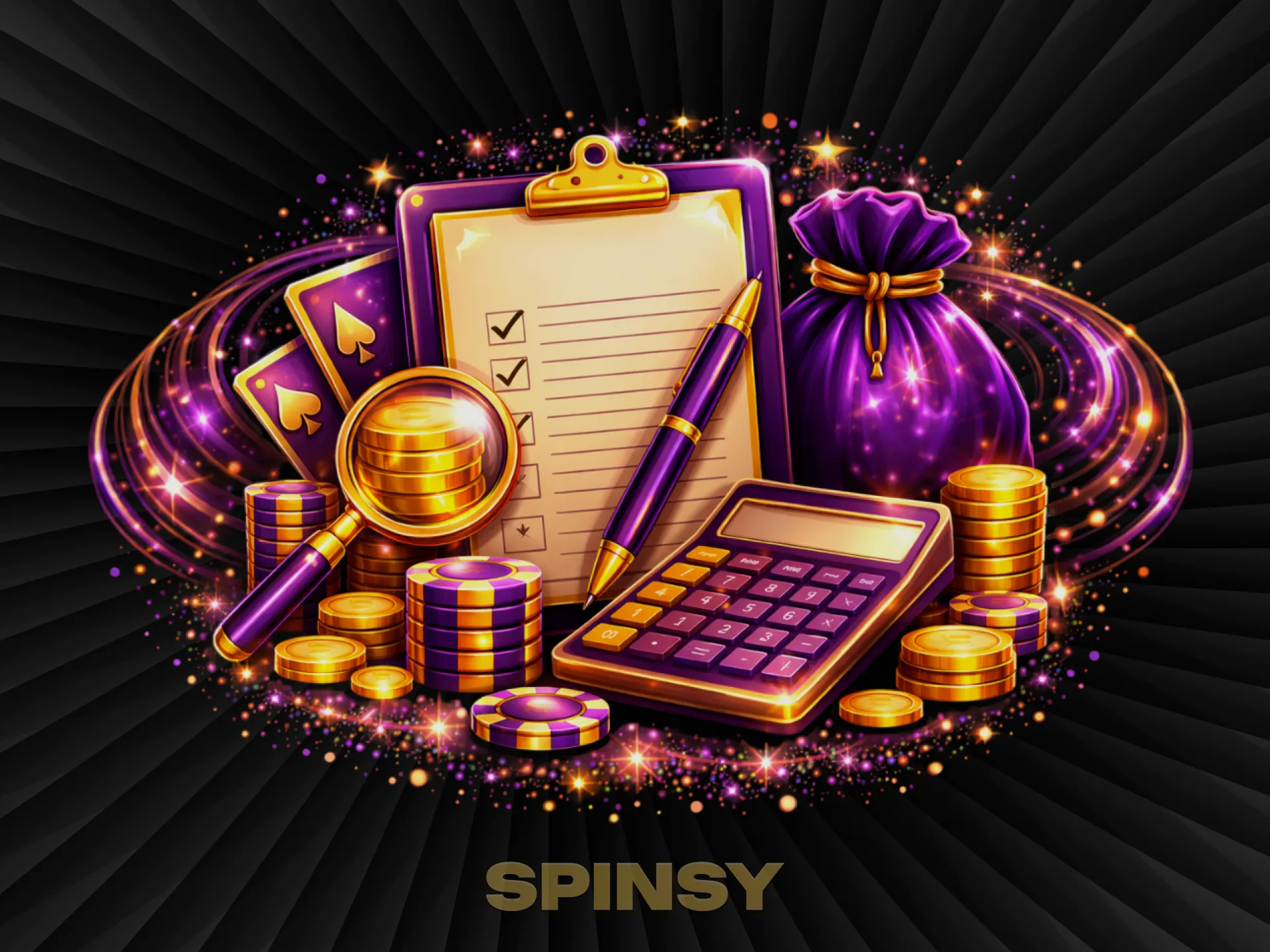 Une tablette avec une liste de contrôle, une calculatrice, un sac d'argent et de pièces de monnaie brillent dans un tourbillon violet d'étincelles.