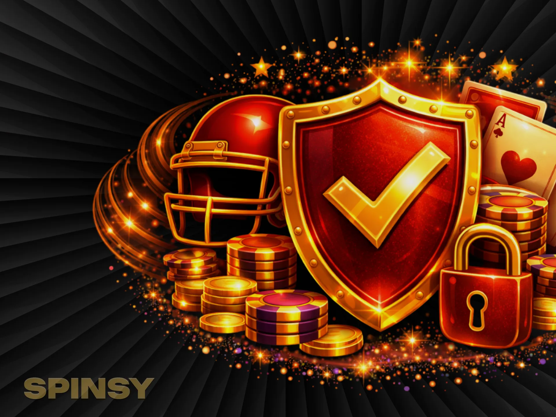 Un bouclier rouge orné d'une coche, un casque de football américain, des jetons, des cartes et un cadenas brillent dans un tourbillon doré.