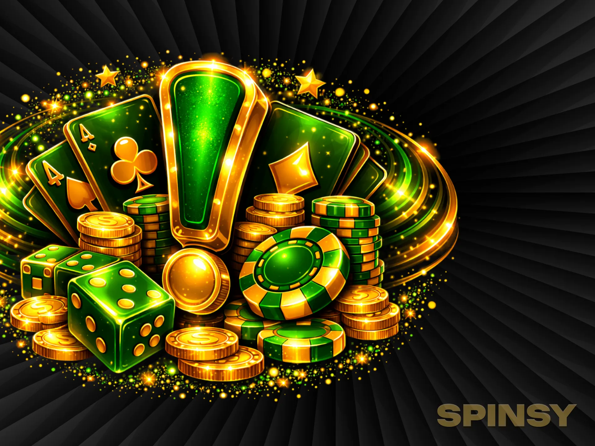 Un grand point d'exclamation vert dans un cadre doré, des cartes, des dés et des pièces de monnaie brillent dans un tourbillon émeraude.