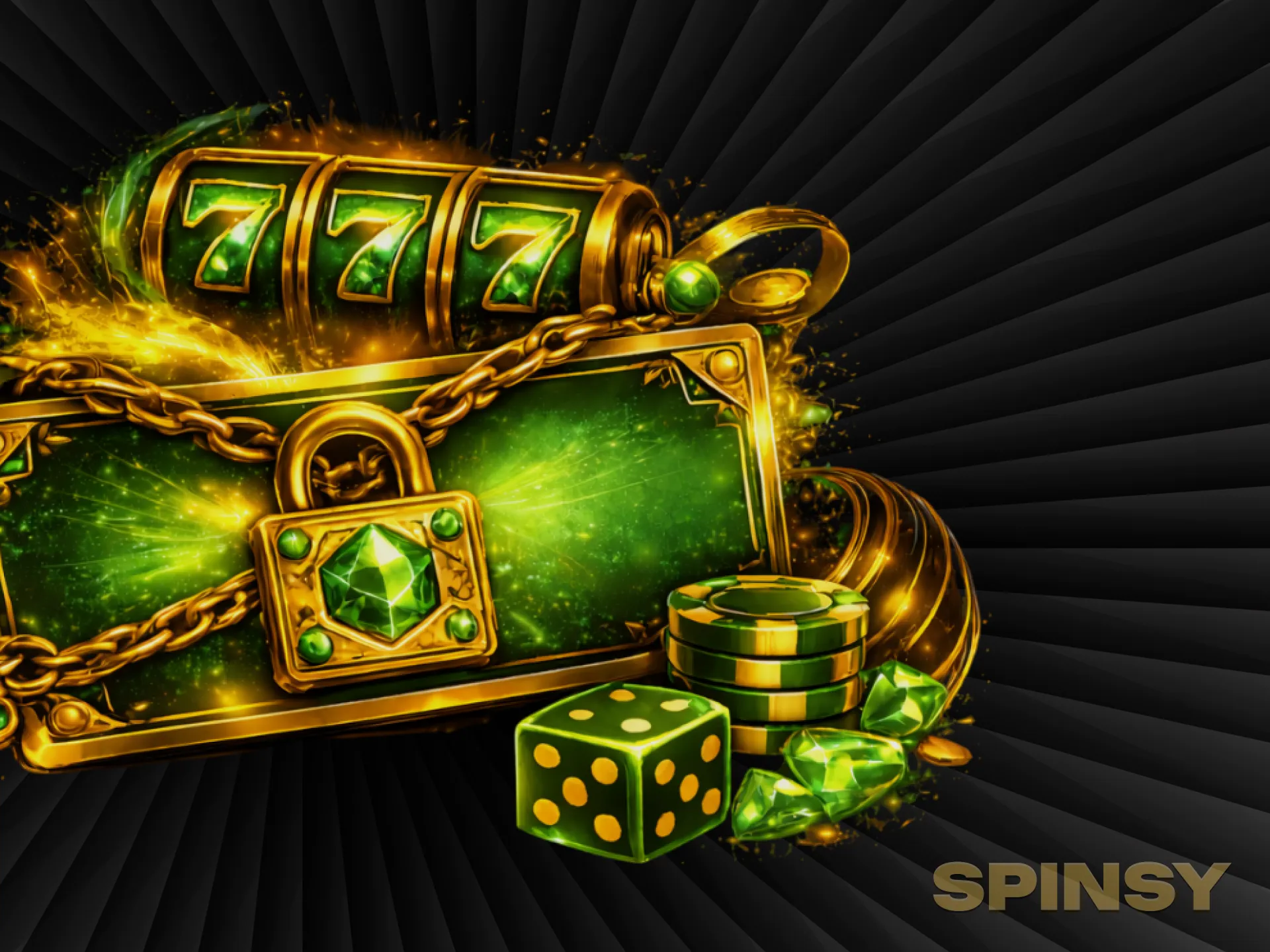 Une carte émeraude ornée d'un château doré, une machine à sous 777, des dés et des pierres précieuses scintillent sous les étincelles.