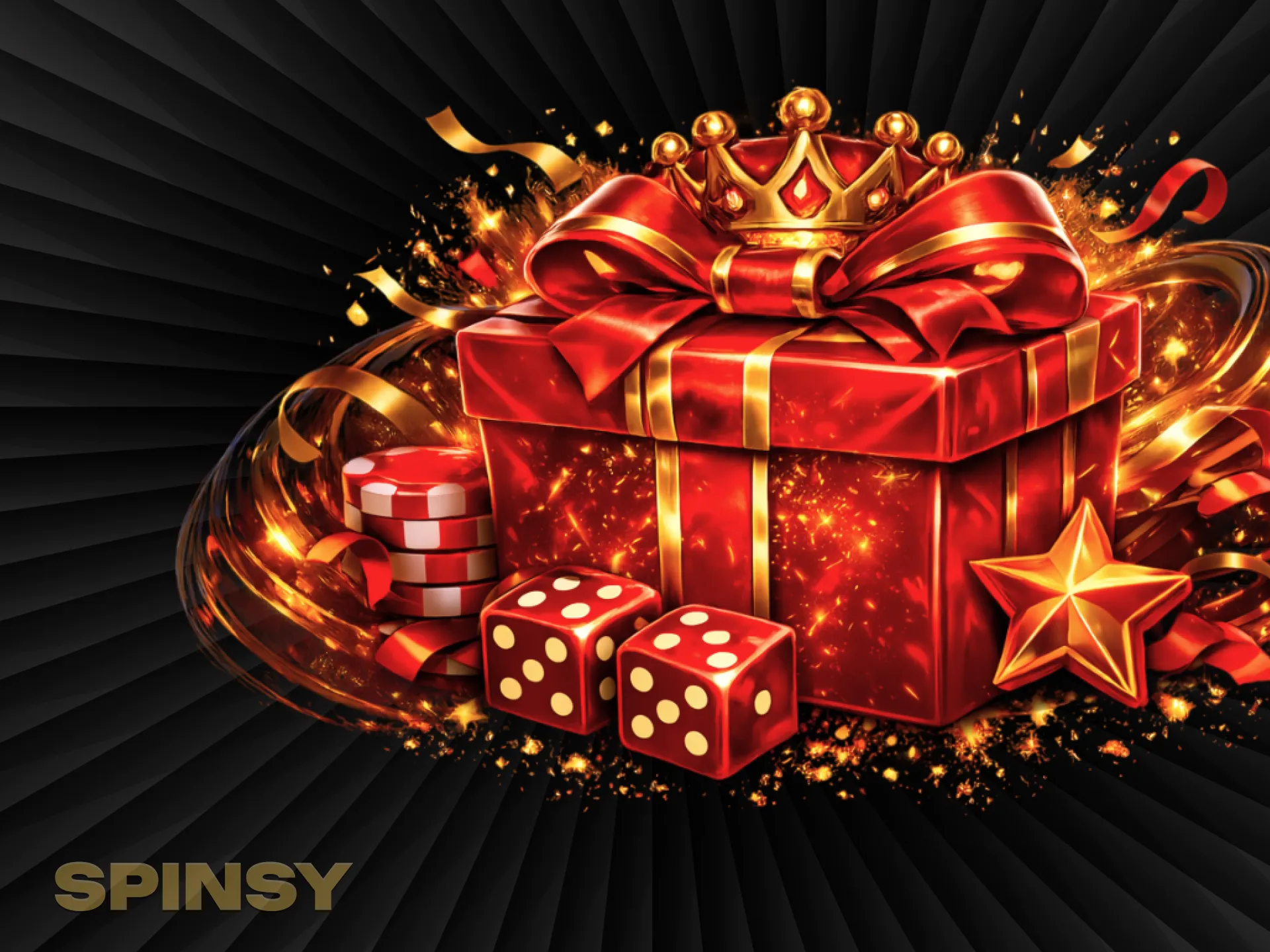 Une boîte cadeau rouge ornée d'une couronne dorée, de dés et de jetons brille sous les étincelles.