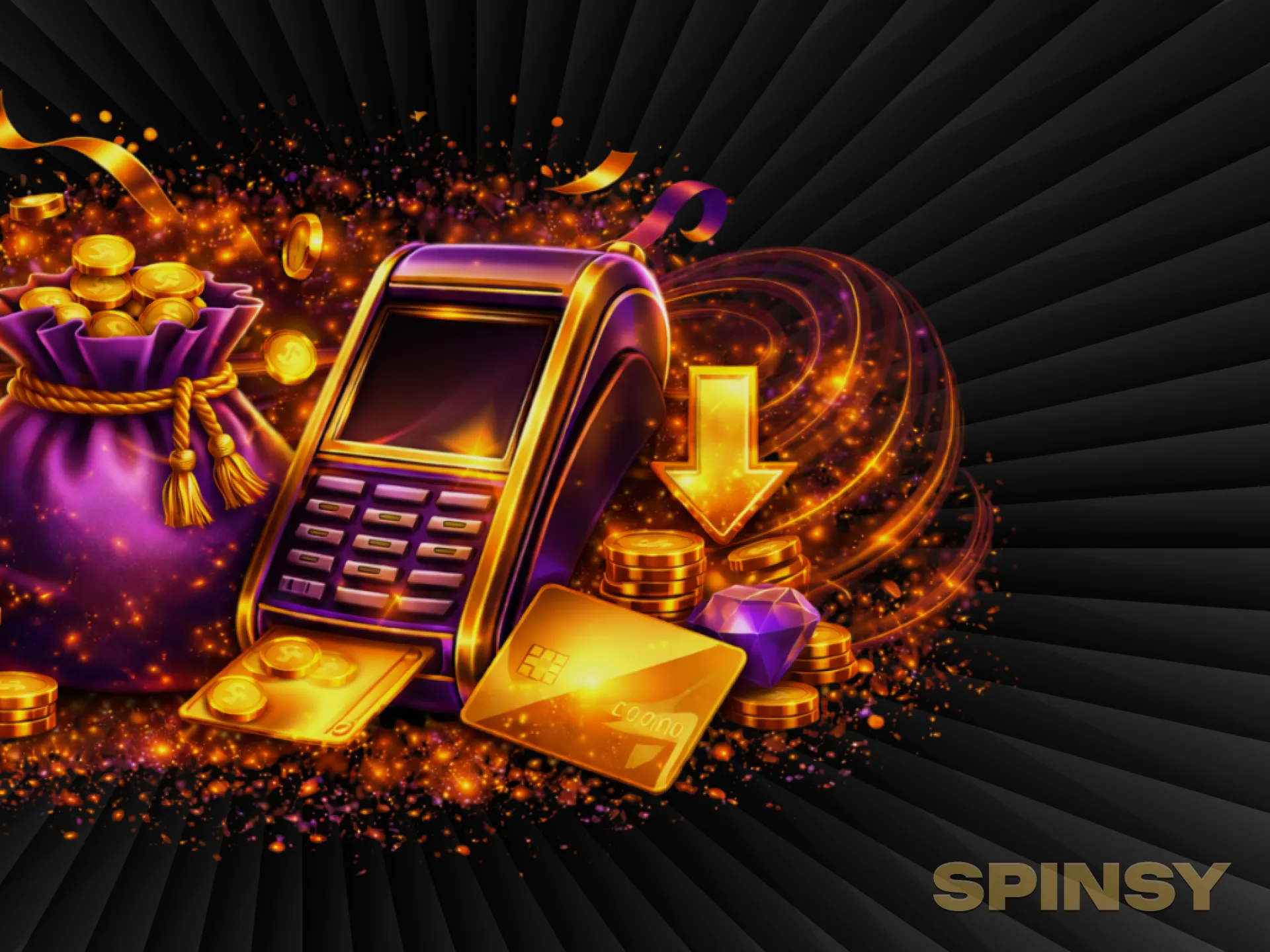 Le terminal de paiement, le sac de pièces, la carte en or et les pierres précieuses scintillent sous les étincelles.