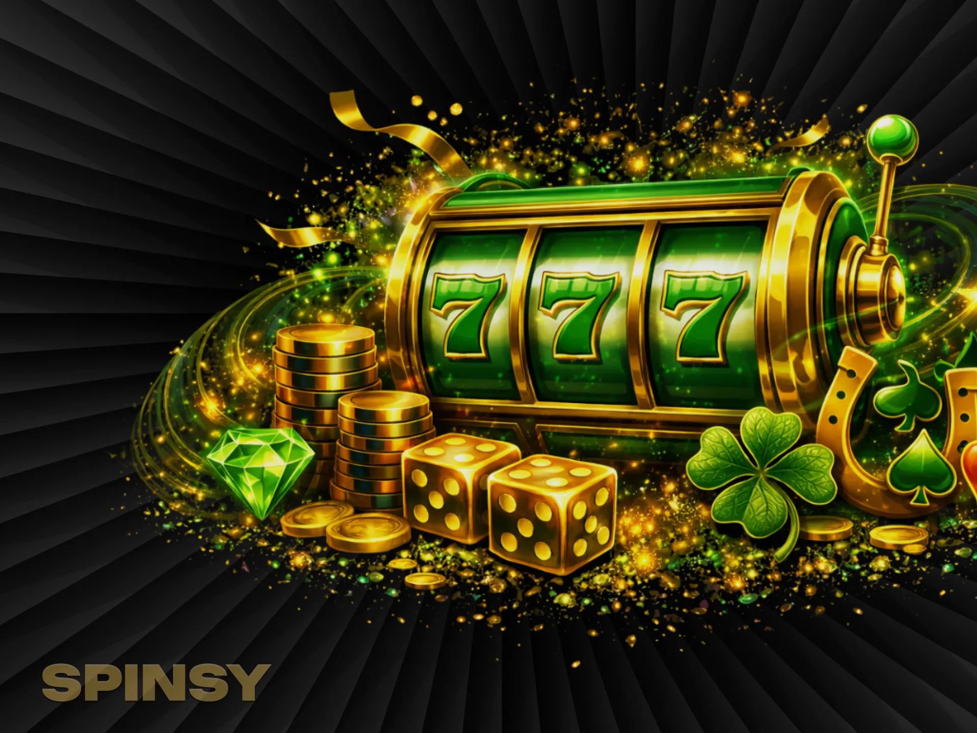 Une machine à sous avec trois sept, des pièces d'or, des dés et un trèfle à quatre feuilles brillent dans les étincelles.