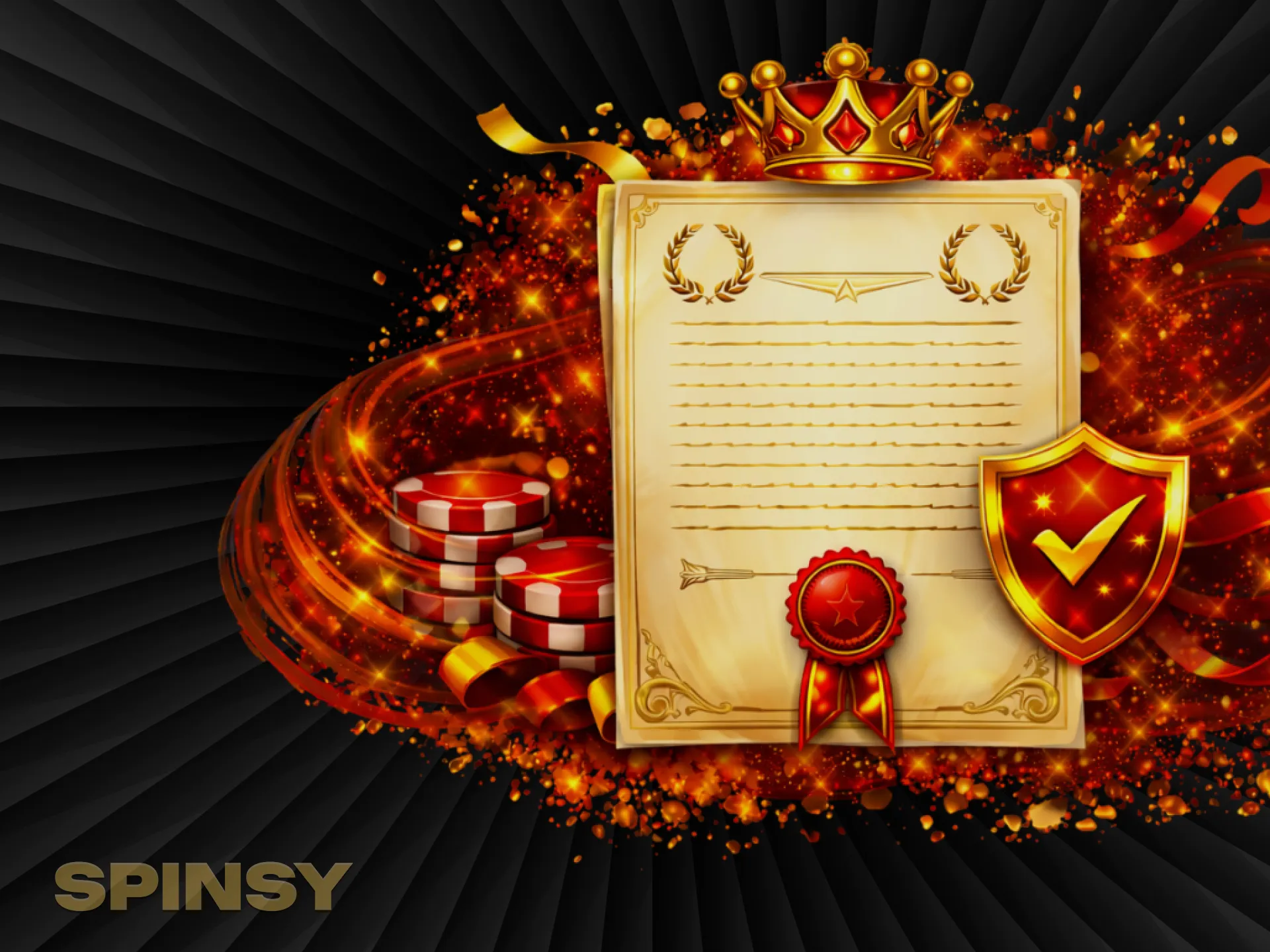 Une licence dorée ornée d'un sceau rouge, d'une couronne et d'un bouclier protecteur brille dans les étincelles.