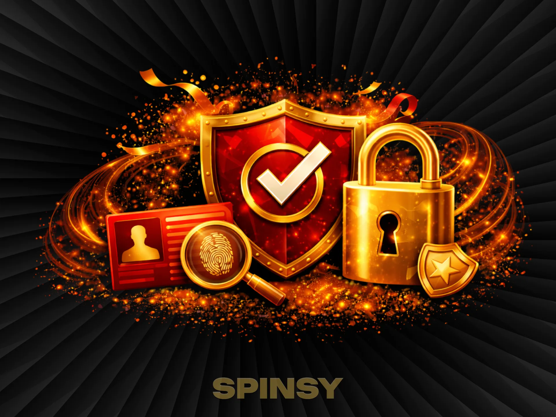 Un cadenas doré, un bouclier orné d'une coche, une carte d'identité et une loupe où brille une empreinte digitale dans les étincelles.