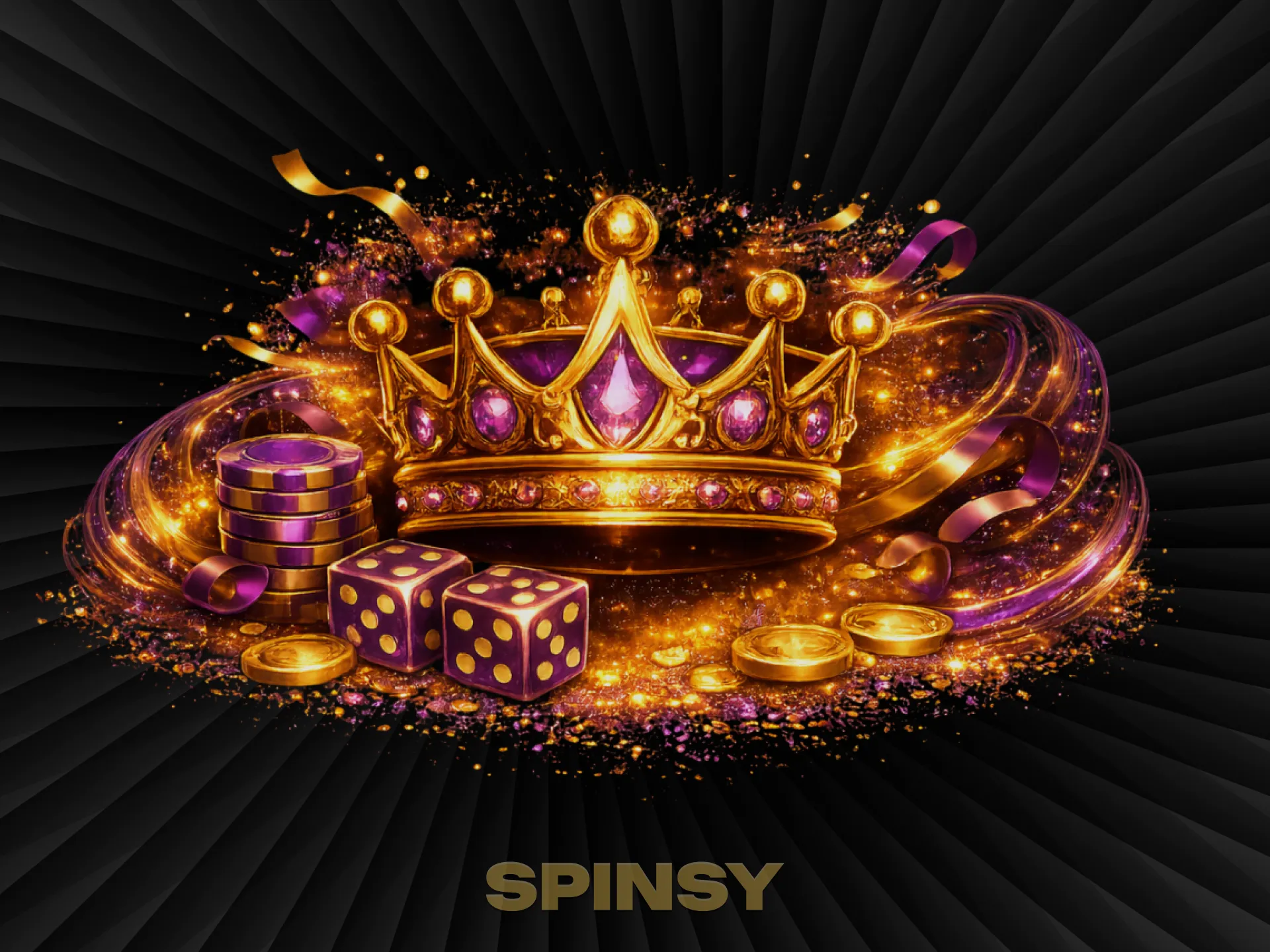 Une couronne dorée ornée de pierres violettes, de dés, de jetons et de pièces de monnaie brille dans un vortex doré.