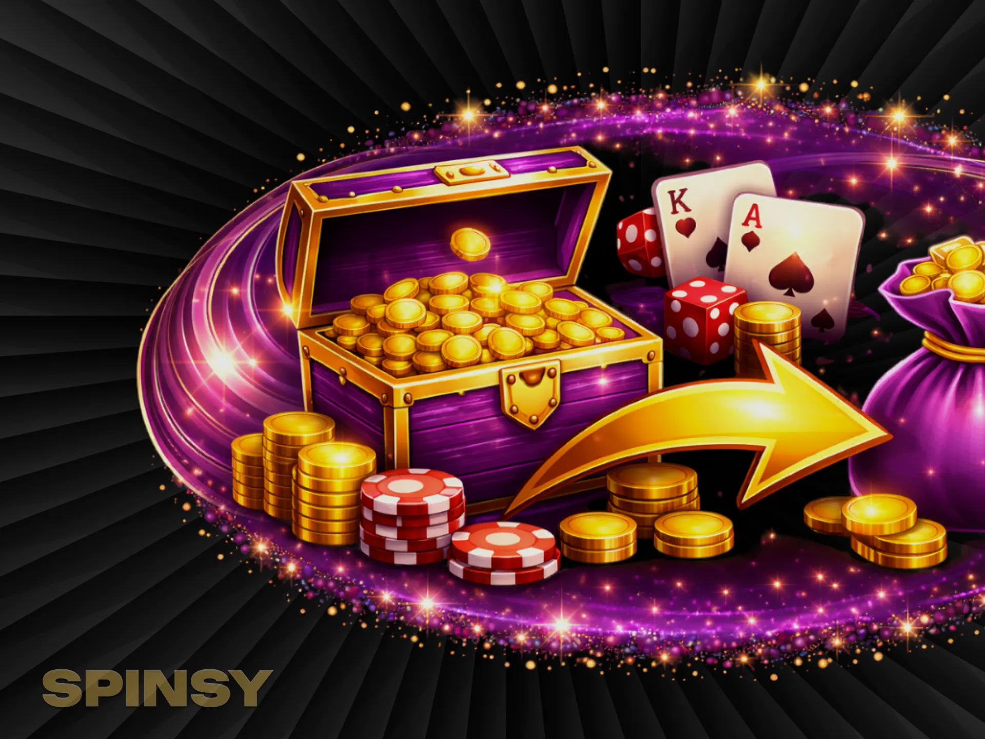 Un coffre ouvert contenant des pièces d'or, des cartes et des jetons, sous une flèche dorée incurvée, brille dans un tourbillon violet.