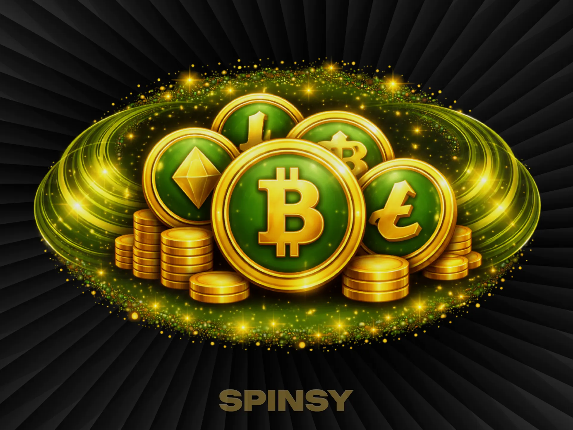 Des pièces d'or portant les symboles du Bitcoin, de l'Ethereum et du Litecoin scintillent dans un tourbillon d'étincelles émeraude.