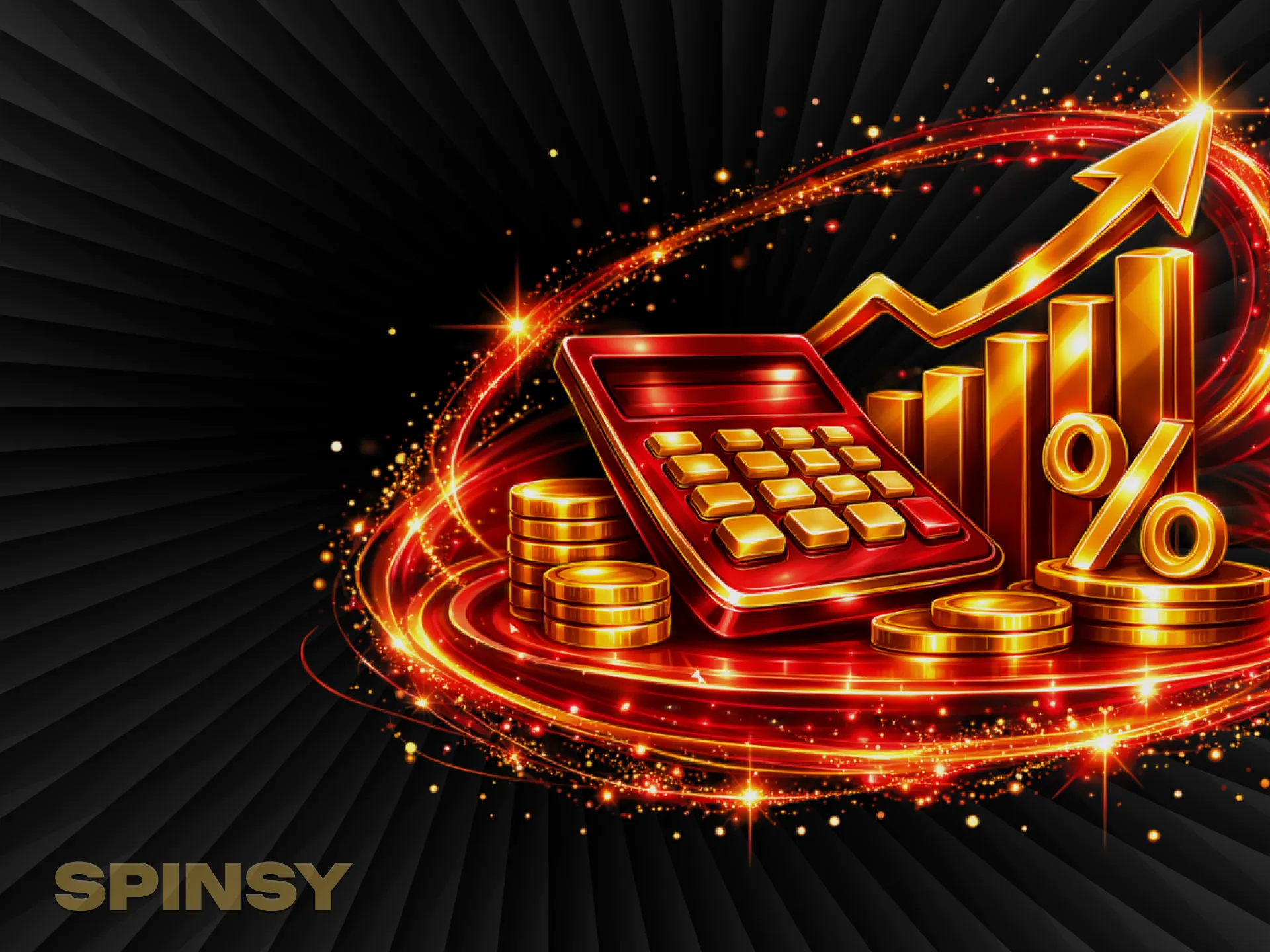 Une calculatrice rouge, des pièces d'or et une courbe de croissance avec une flèche brillent dans un vortex de feu.