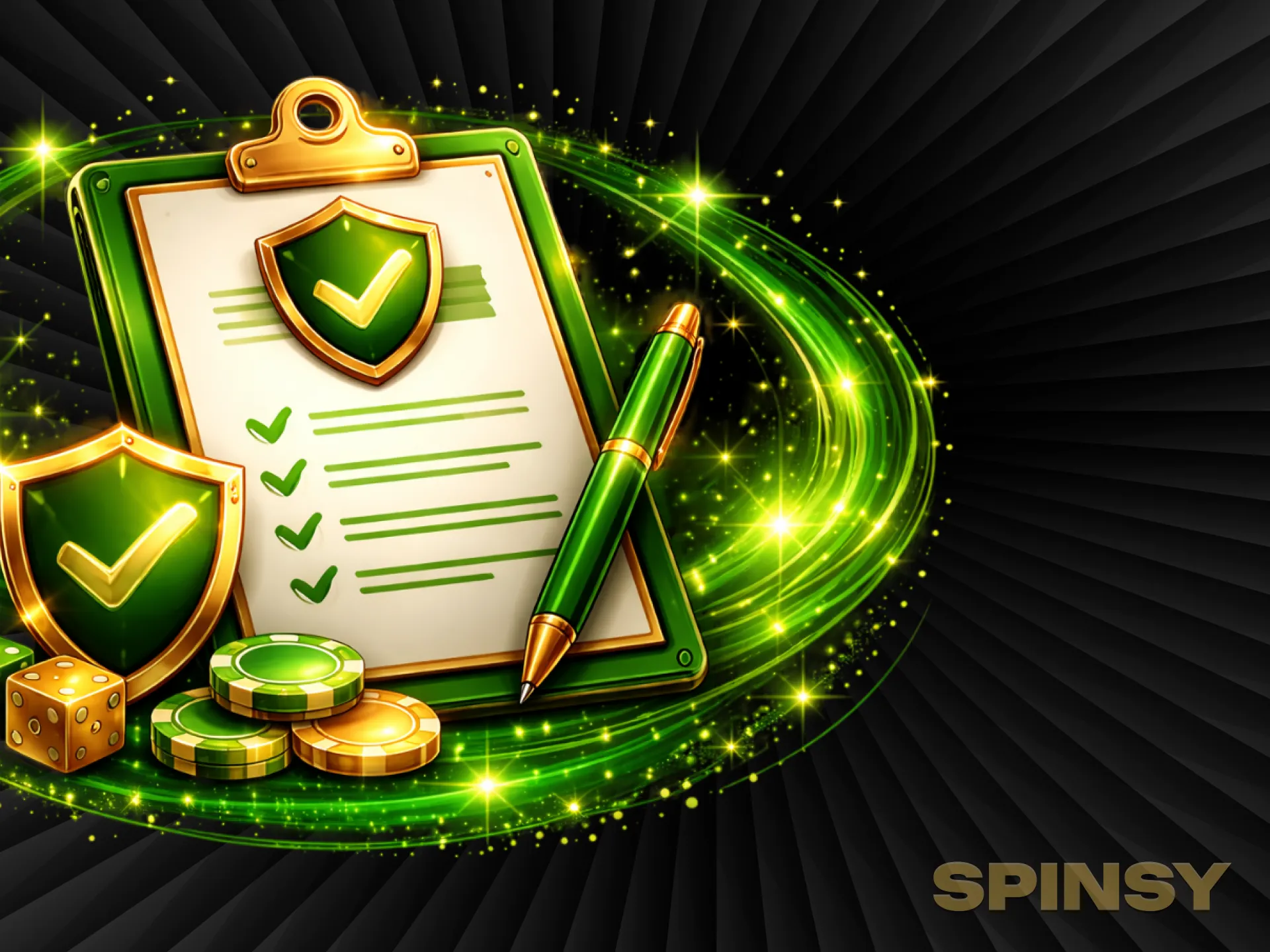 Une tablette verte avec une liste de contrôle, un bouclier protecteur avec une coche, et des os qui brillent dans un tourbillon de néon vert.