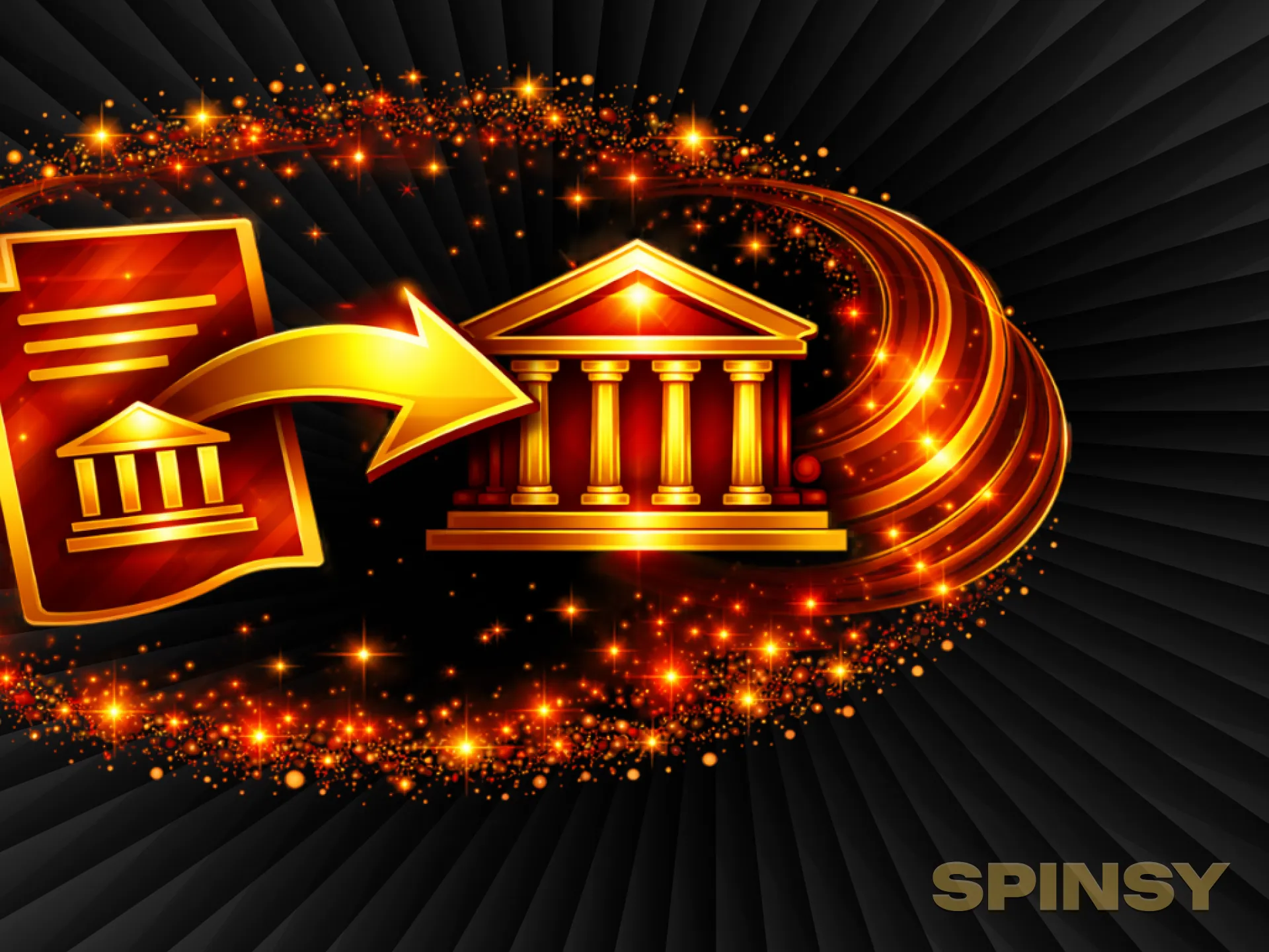 Un document orné d'une icône bancaire flotte devant un bâtiment bancaire doré, au milieu d'un tourbillon de feu.